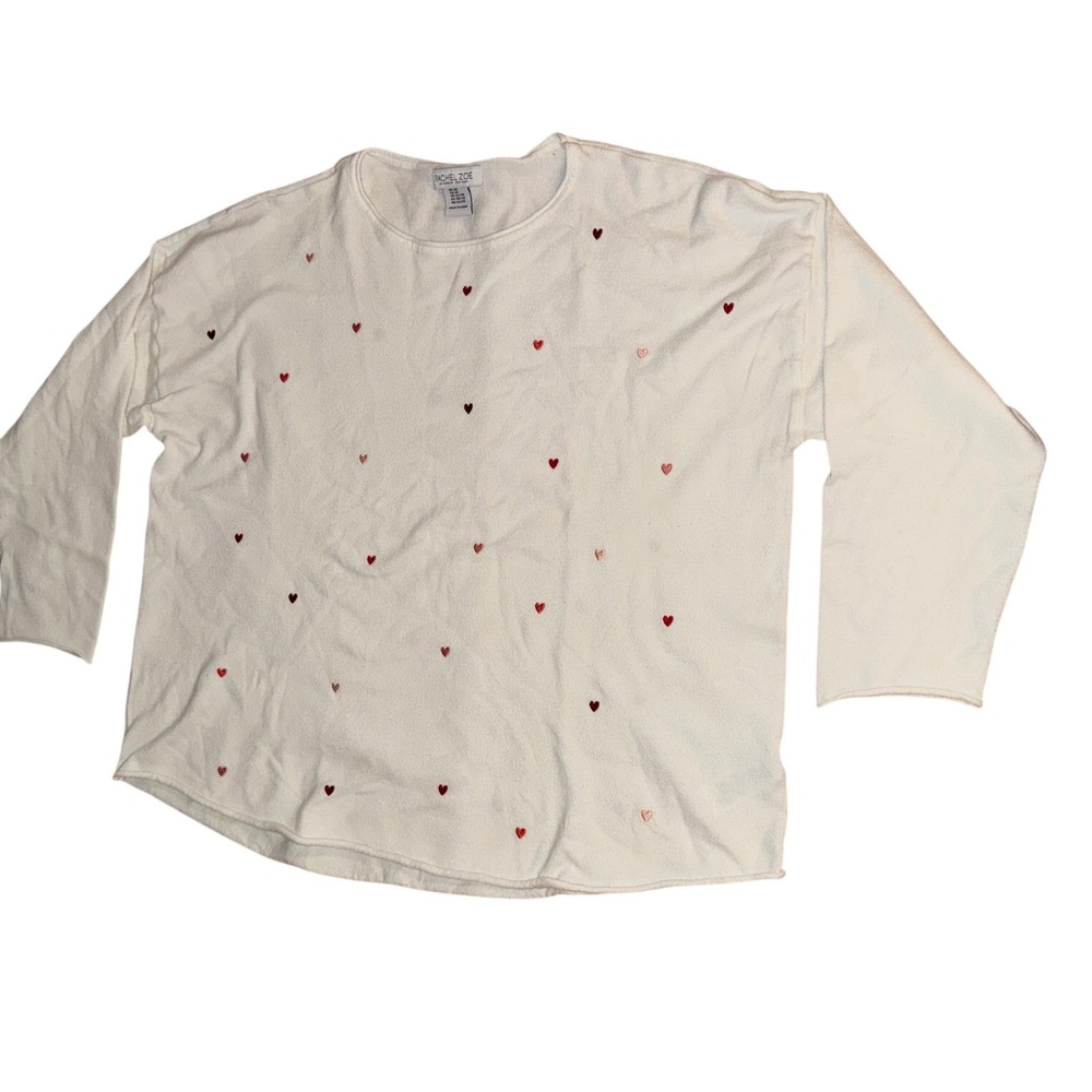 White Sweatshirt Embroidered Red Pink Hearts Long Sleeve Crew Neck Women